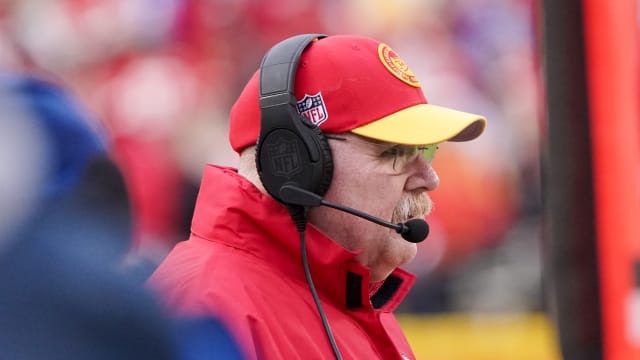 Dec 10, 2023; Kansas City, Missouri, USA; Kansas City Chiefs head coach Andy Reid watches play against the Buffalo Bills during the first half at GEHA Field at Arrowhead Stadium. Mandatory Credit: Denny Medley-USA TODAY Sports  